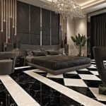 Chorus Premium Velvet Upholstered Bed and pair of bedside tables for villa