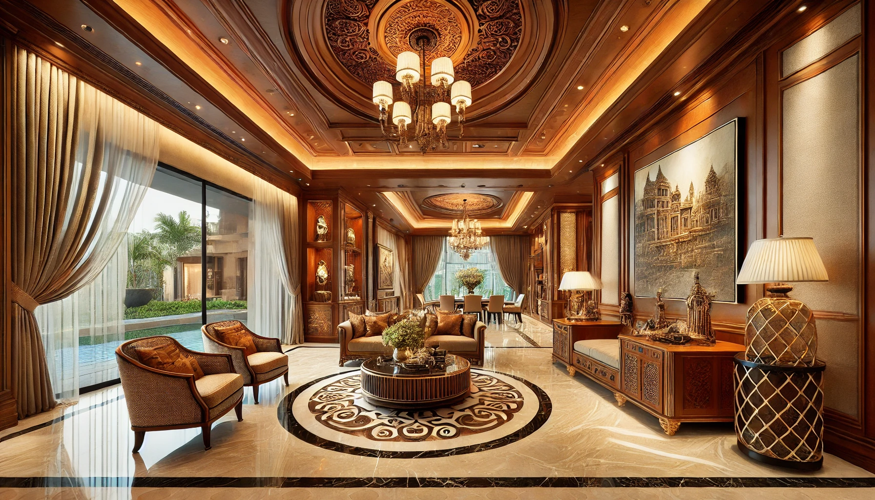 A luxurious 6BHK villa in Bangalore blending modern luxury with Indian heritage design elements. The villa features handcrafted wooden furniture, intr 2 Turnkey Interior Design - Image 1