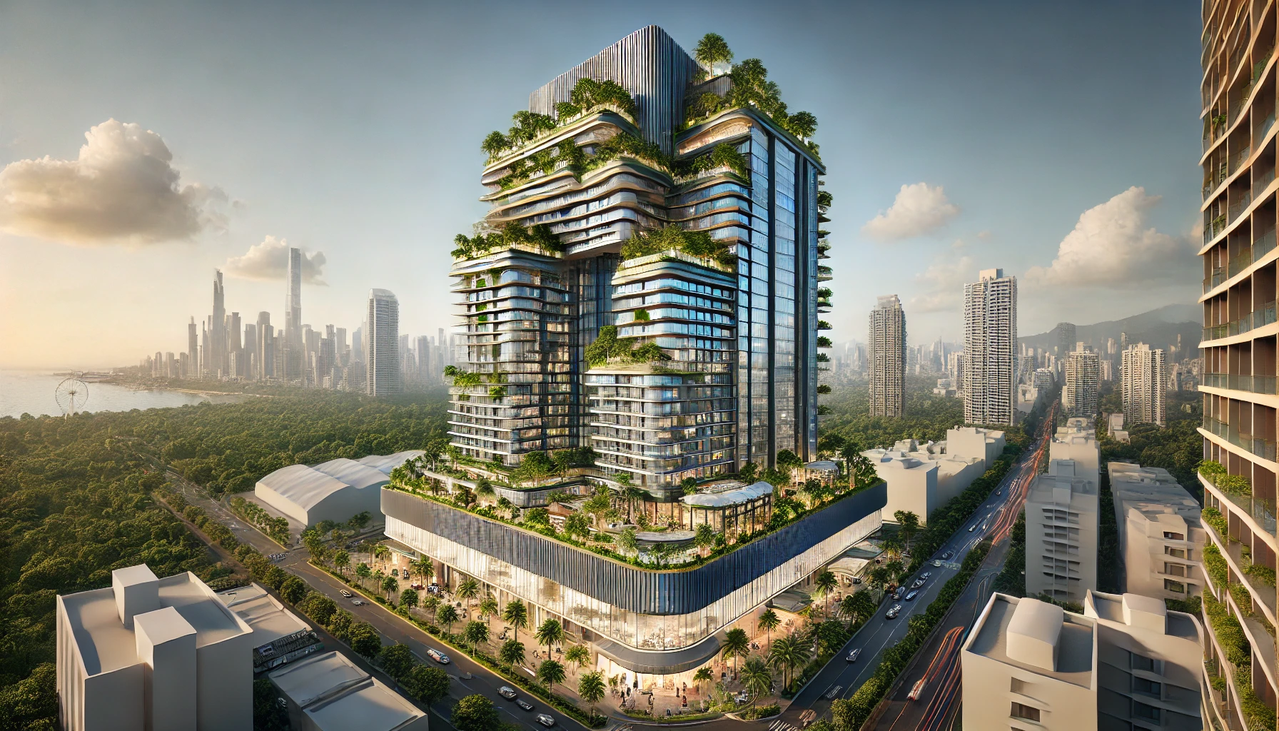 Ultra-modern luxury commercial tower in Mumbai. The high-rise features a sleek glass faΓ§ade, green terraces, and cutting-edge sustainable design eleme 2 Architectural Consulting & Project Management - Image 1