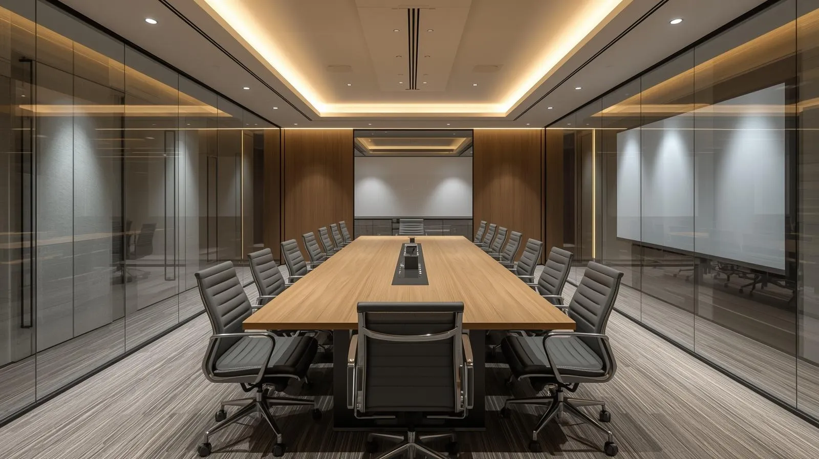 Bangalore Office_Modern conference room with frameless glass walls, acoustic fabric panels Textured Stone-Look Feature Wall - Image 1
