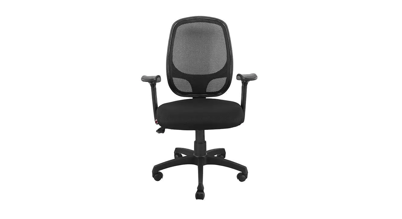 2023/01/587c97c0-ad62-4ed8-9aaf-97e989fe64e1-1_all_30689.jpg Medium Back Revolving Metal Chair with Push Back Mechanism in Black Mesh Office Arm Chair - Image 1
