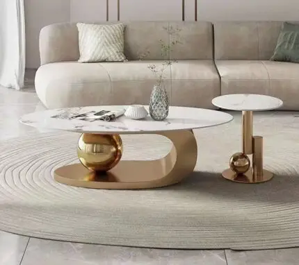 Center Table Eclipse Living Room Gold Steel With Round End Table and Faux Marble Top-White