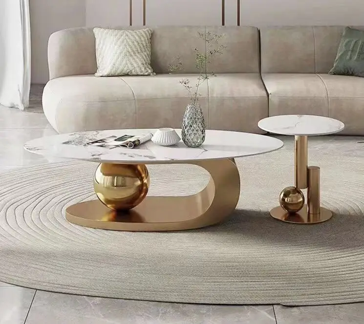 1000090806.jpg Center Table Eclipse Living Room Gold Steel With Round End Table and Faux Marble Top-White - Image 1