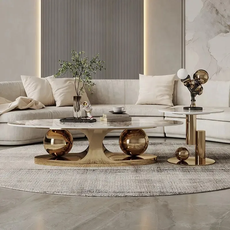 Italian Stainless Steel Golden Base + Faux Marble Top Coffee Table - Image 10