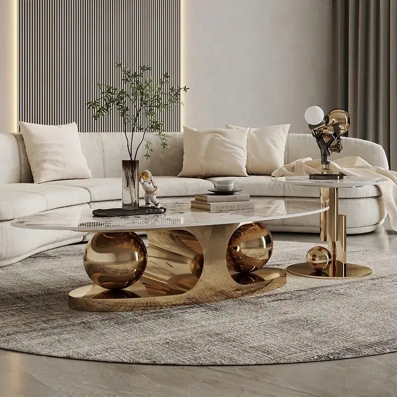1000127044.jpg Italian Stainless Steel Golden Base + Faux Marble Top Coffee Table - Image 1