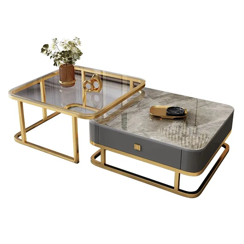 Elegant Duo: Luxe Stainless Steel & Marble-Glass Coffee Tables Set - Image 5