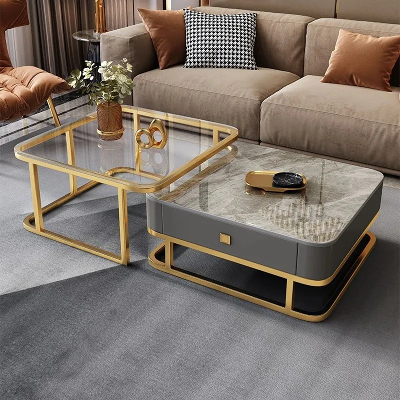 1000127371.jpg Elegant Duo: Luxe Stainless Steel & Marble-Glass Coffee Tables Set - Image 1