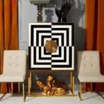 Elegant Chevron Inlay Bar Cabinet with Stainless Steel Legs - A Chic Addition to Your Living or Office Space