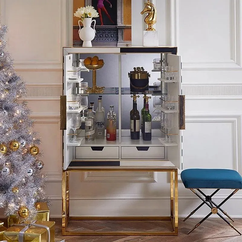 Elegant Chevron Inlay Bar Cabinet with Stainless Steel Legs - A Chic Addition to Your Living or Office Space - Image 3