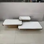 Elegant Coffee Table Set Simple Living Room Office Room Gold Steel with faux marble top-White - Image 2