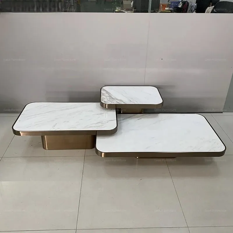 Elegant Coffee Table Set Simple Living Room Office Room Gold Steel with faux marble top-White - Image 2