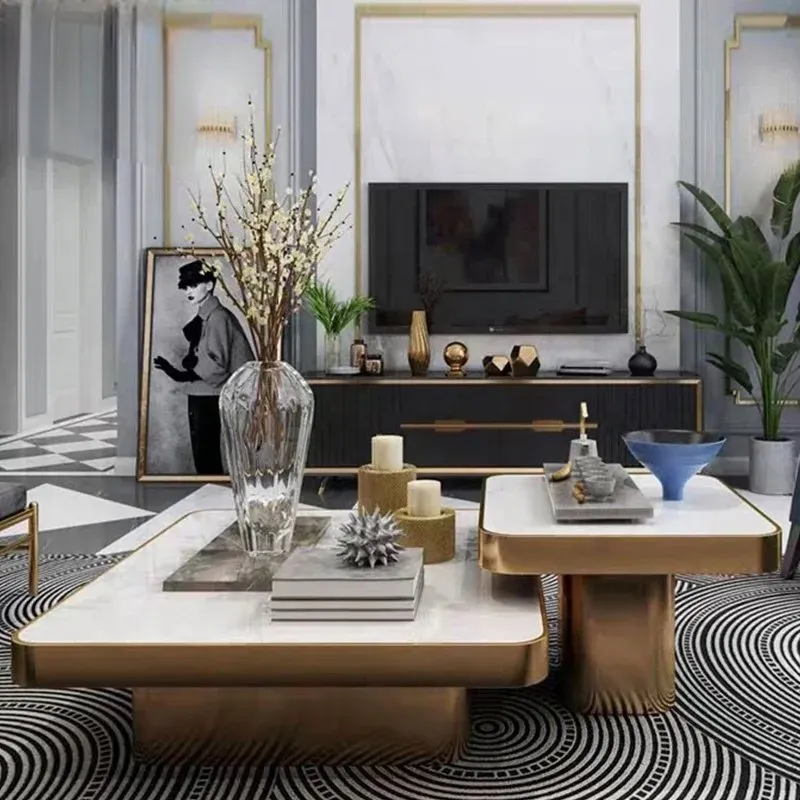1000127399.jpg Elegant Coffee Table Set Simple Living Room Office Room Gold Steel with faux marble top-White - Image 1