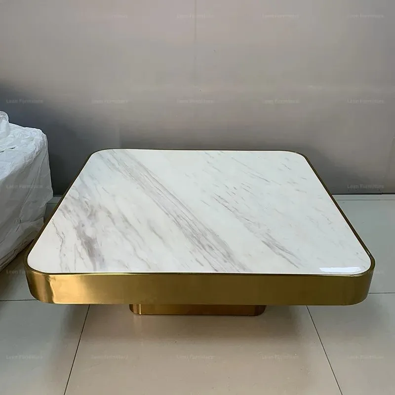Elegant Coffee Table Set Simple Living Room Office Room Gold Steel with faux marble top-White - Image 5