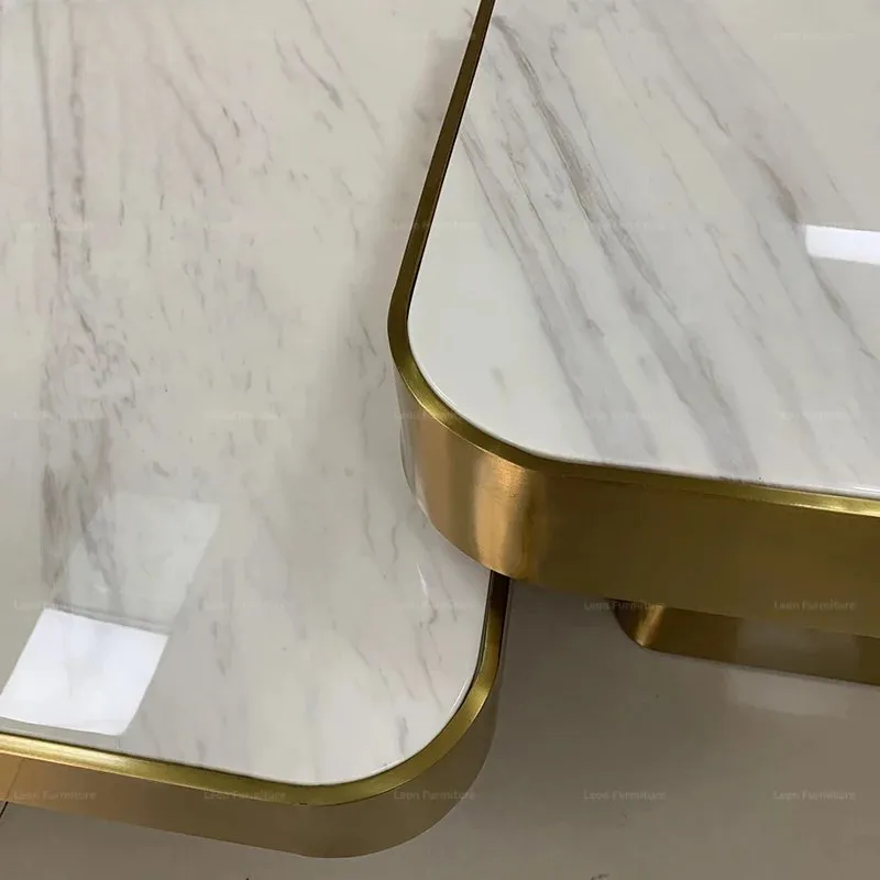 Elegant Coffee Table Set Simple Living Room Office Room Gold Steel with faux marble top-White - Image 3