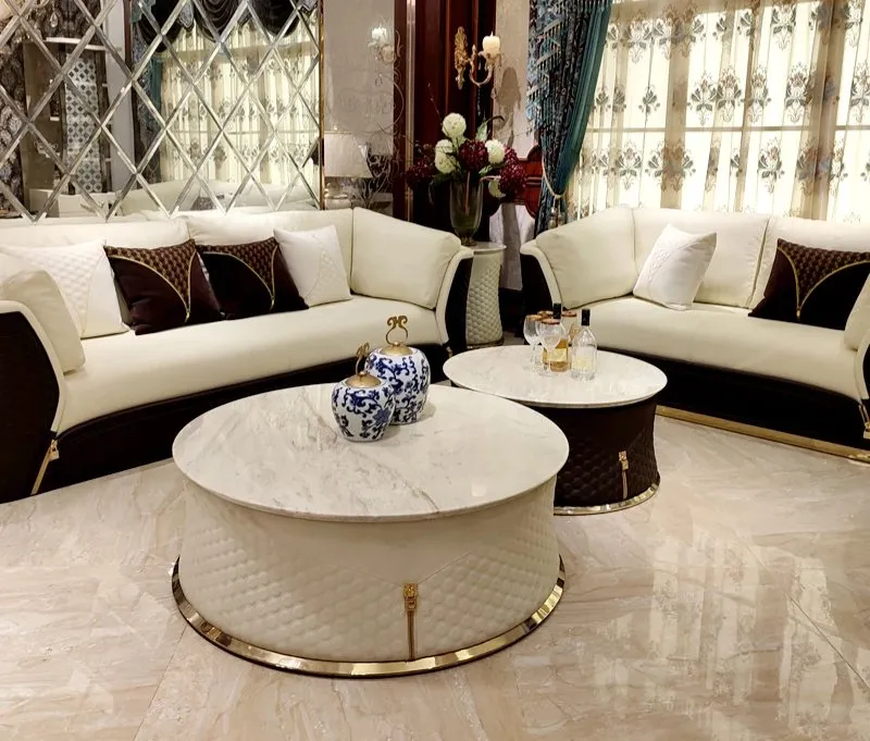 Center Table for Luxurious Living Room leatherette And Marble top White-Gold trim - Image 3