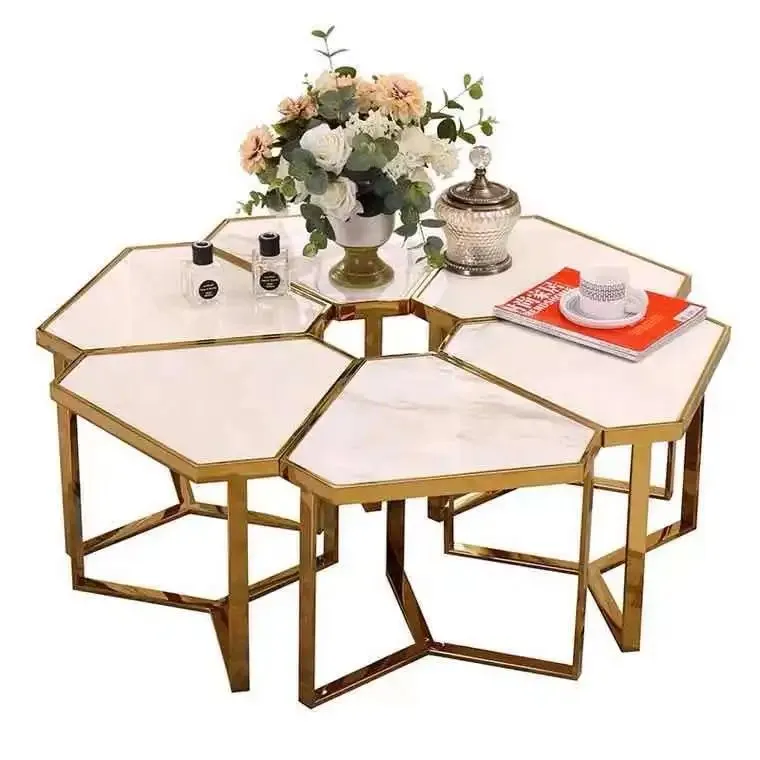 1000127749.jpg Hexa Set of 6 Stainless Steel Golden Leg + Faux Marble Coffee Table - Image 1