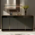 Brown Gold Marble Console Table Narrow Rectangular Entryway Table 4 door cabinets