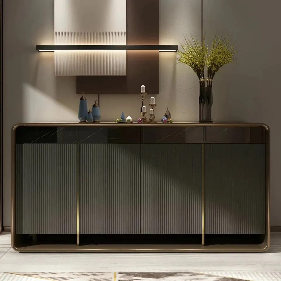 Brown Gold Marble Console Table Narrow Rectangular Entryway Table 4 door cabinets - Image 1