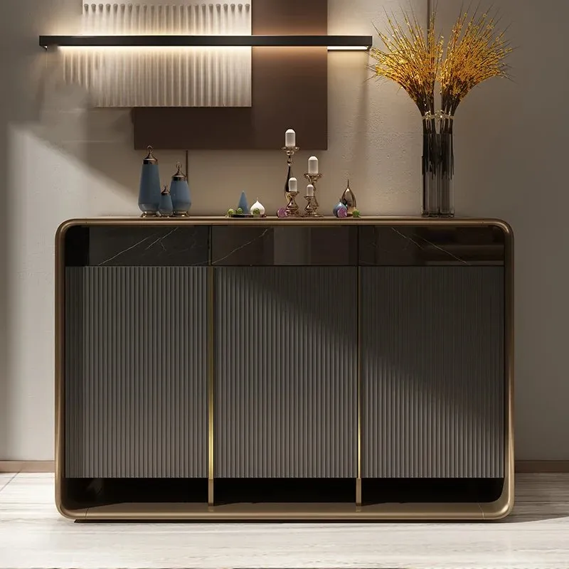 Brown Gold Marble Console Table Narrow Rectangular Entryway Table 4 door cabinets - Image 2