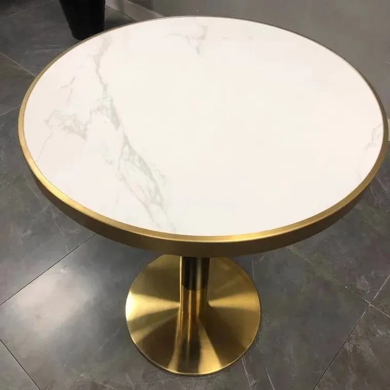 1000127825.jpg New Product Luxury Marble Restaurant Table Cafe Gold Stainless Steel Metal Base Round Bistro Marble Top White - Image 1