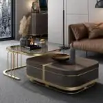 Italian Luxury Unique Stainless Steel Base Tempering Glass Top Wooden Square Coffee Table Set of 2 Modern Design
