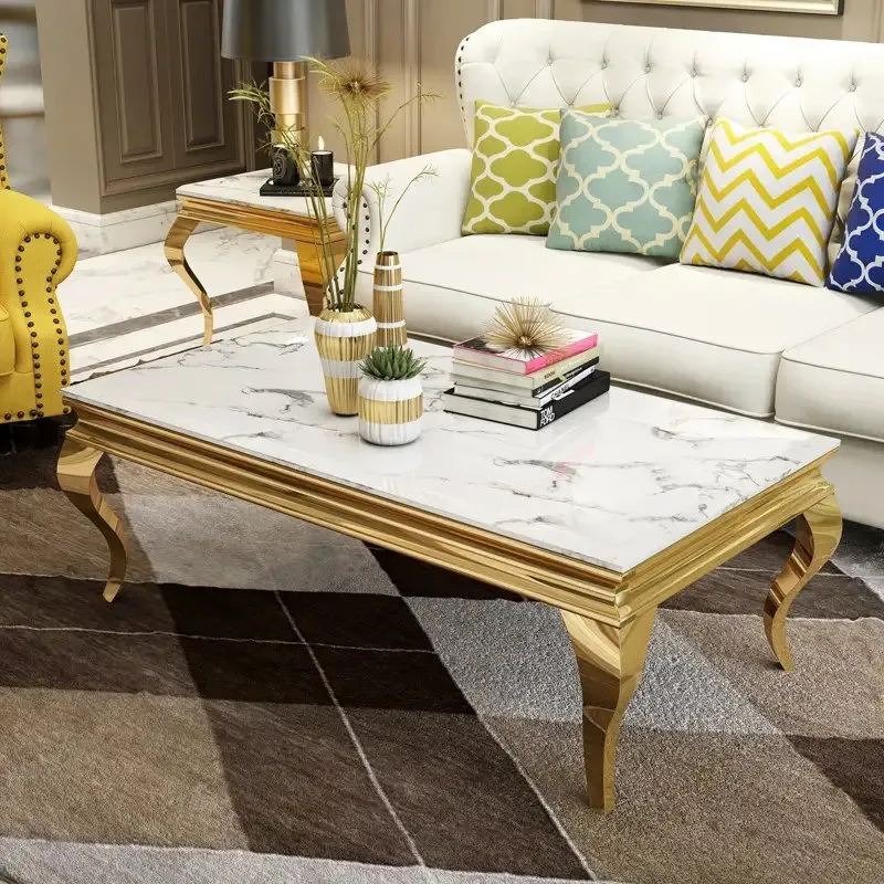 Senate Coffee Table Simple Living Room Gold PVD Stainless Steel with White faux marble top - Image 2