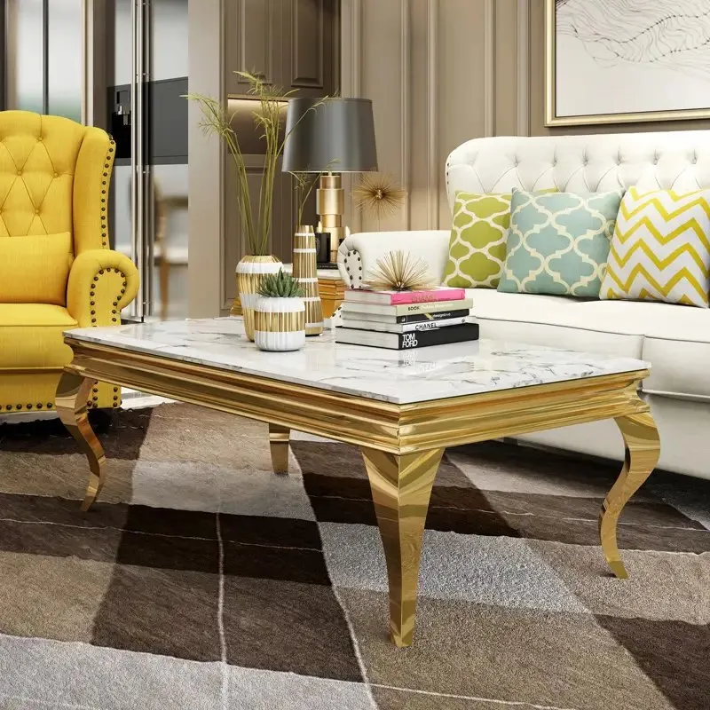 Senate Coffee Table Simple Living Room Gold PVD Stainless Steel with White faux marble top - Image 4