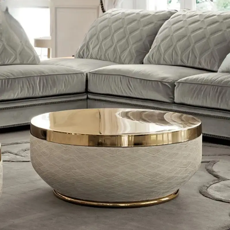 White Luxurious Stainless Steel Gold And PU leather base Coffee Table - Image 5