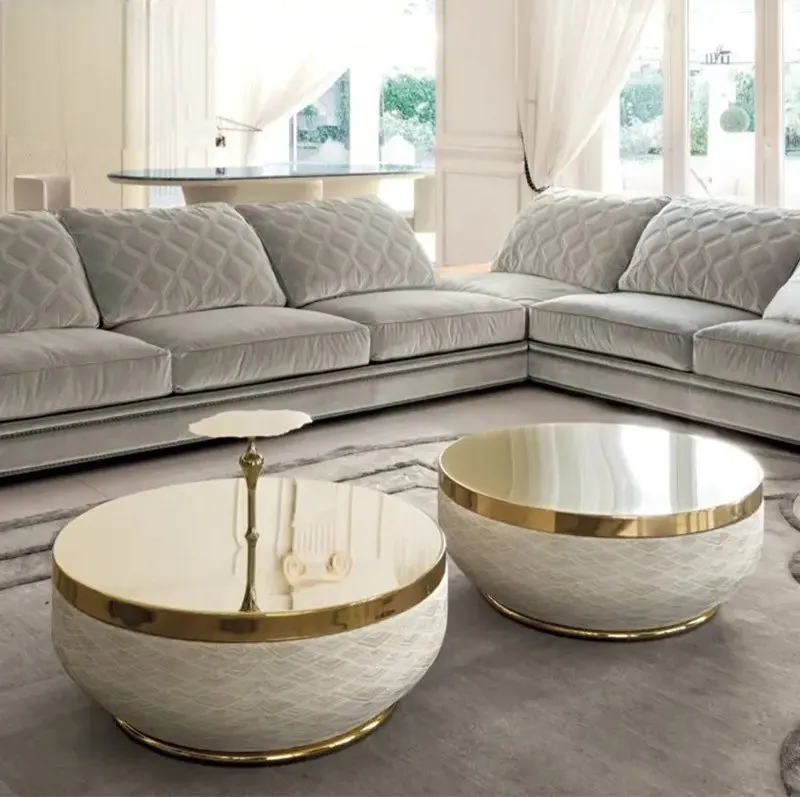 White Luxurious Stainless Steel Gold And PU leather base Coffee Table - Image 3