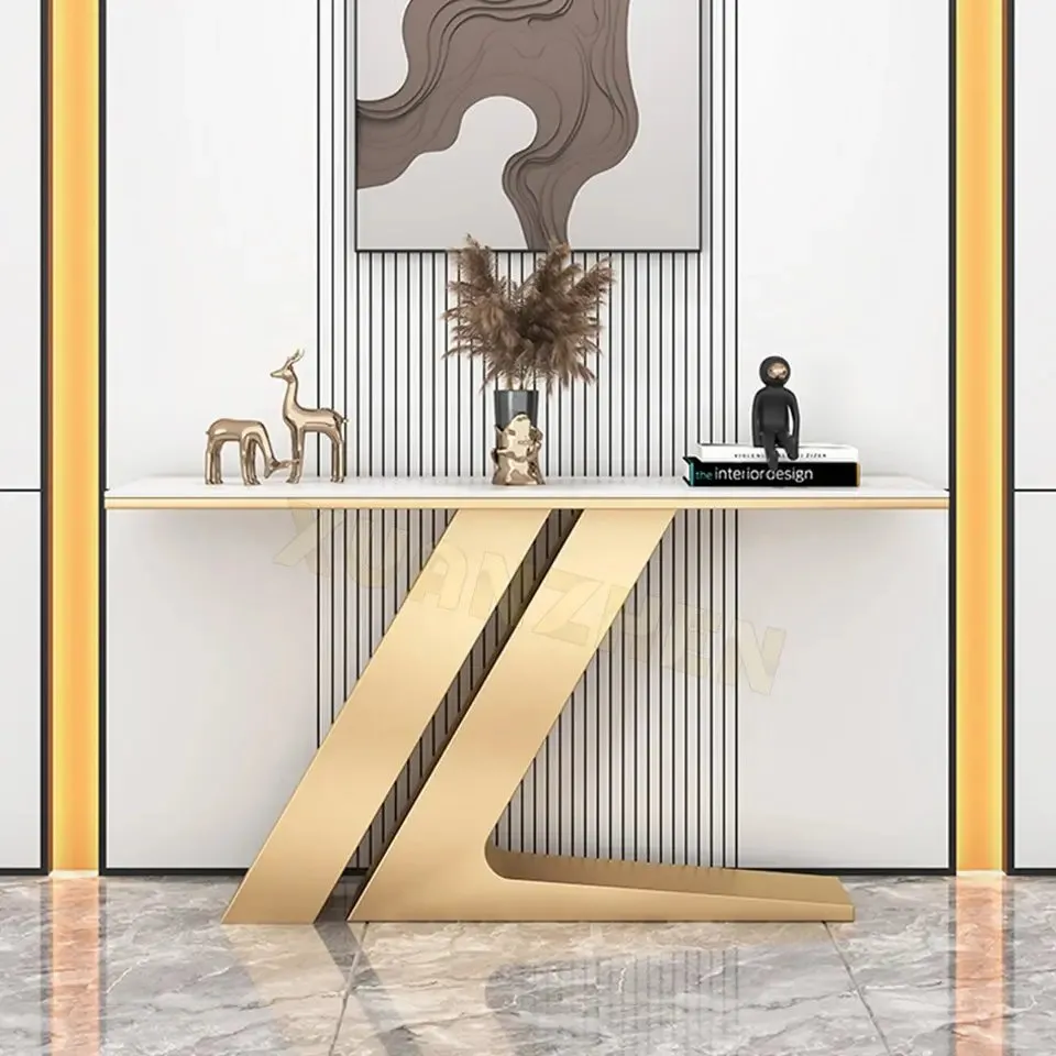 Z Shaped Console Table with Stainless Steel Legs and White Faux Marble Top - Image 3