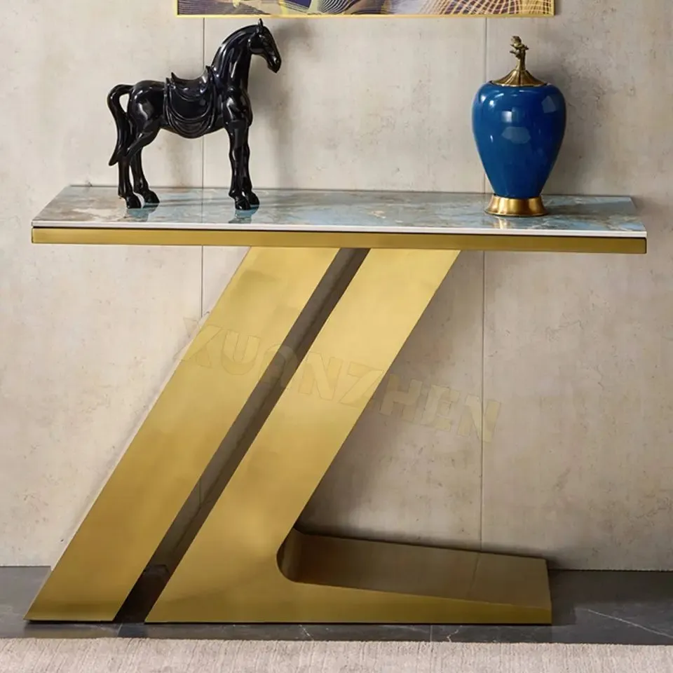 Z Shaped Console Table with Stainless Steel Legs and White Faux Marble Top - Image 2