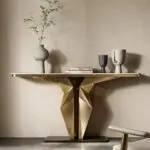 Diamond Console Table with Stainless Steel Gold PVD Coated Legs and White Faux Marble Top