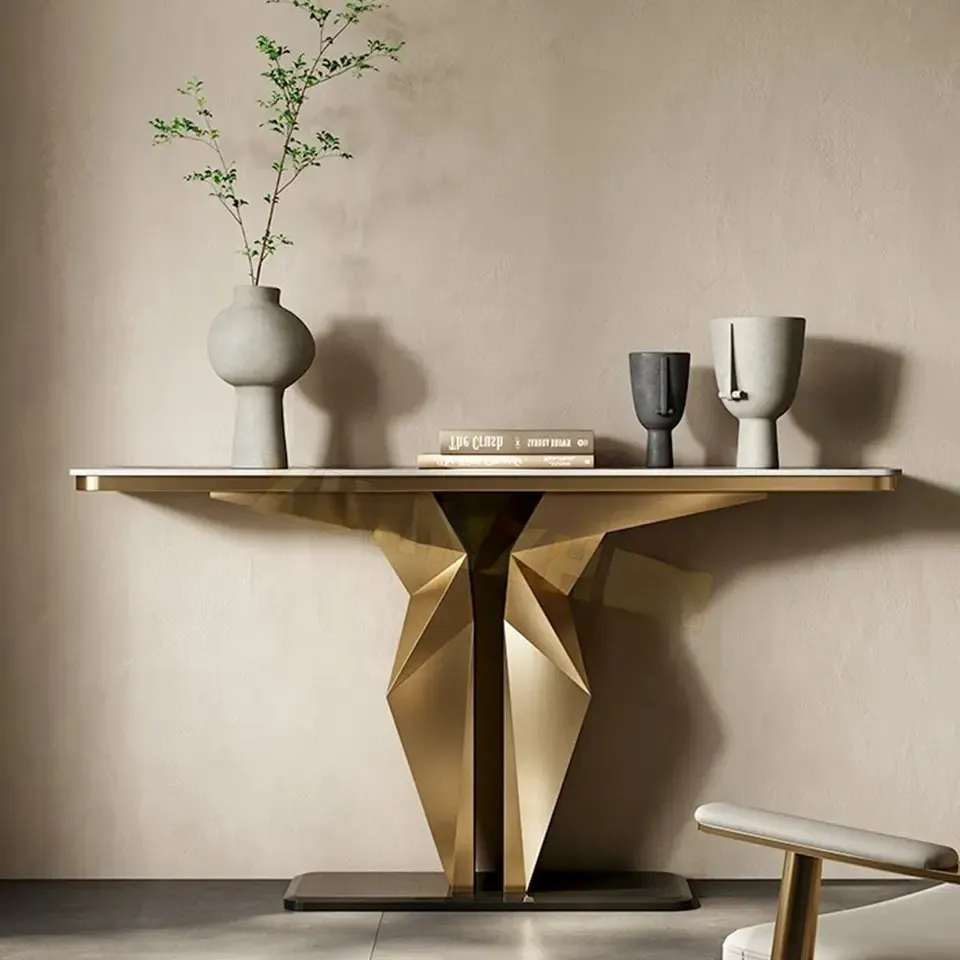 Diamond Console Table with Stainless Steel Gold PVD Coated Legs and White Faux Marble Top - Image 1