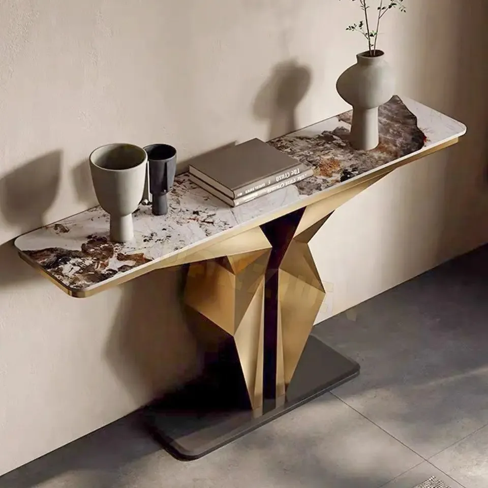 Diamond Console Table with Stainless Steel Gold PVD Coated Legs and White Faux Marble Top - Image 4