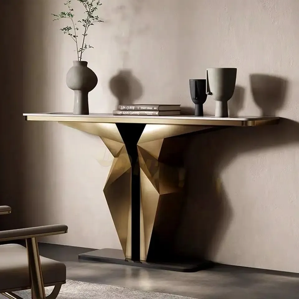 Diamond Console Table with Stainless Steel Gold PVD Coated Legs and White Faux Marble Top - Image 3