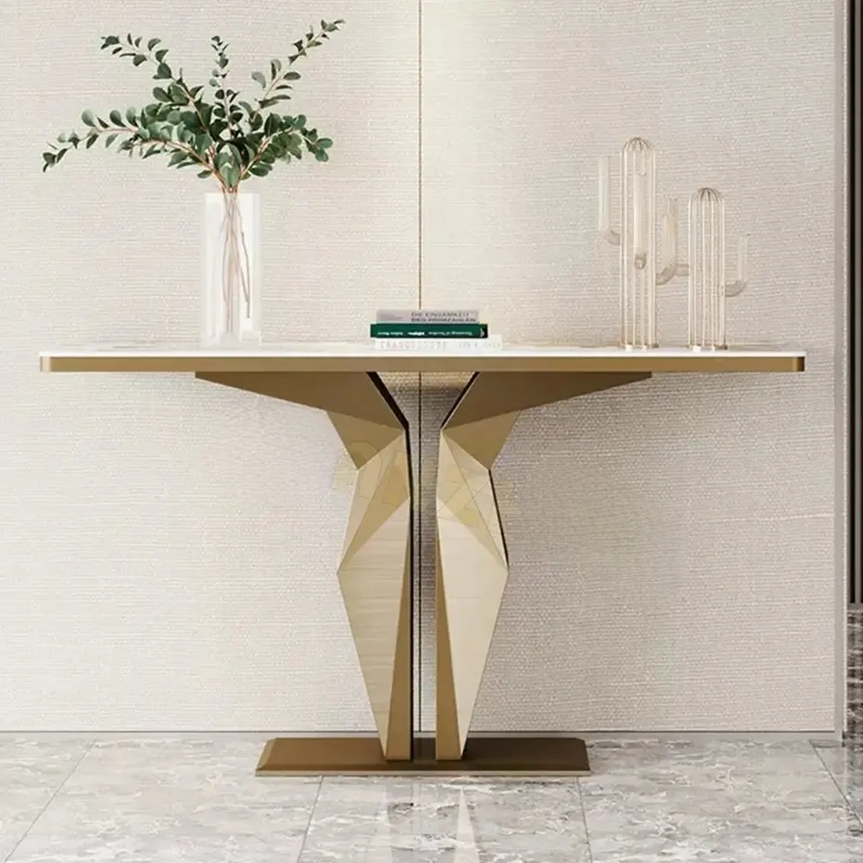 Diamond Console Table with Stainless Steel Gold PVD Coated Legs and White Faux Marble Top - Image 2