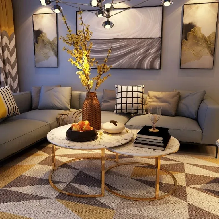Creative Modern Coffee Table Minimalist Living Room Golden PVD Stainless Steel Leg + White Faux Marble Top-White - Image 2