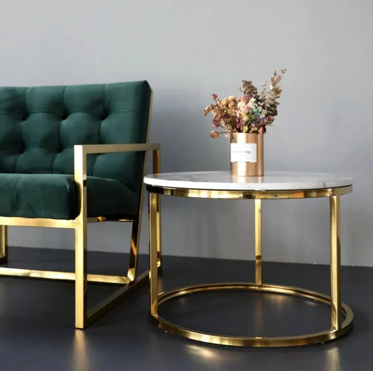 Creative Modern Coffee Table Minimalist Living Room Golden PVD Stainless Steel Leg + White Faux Marble Top-White - Image 3