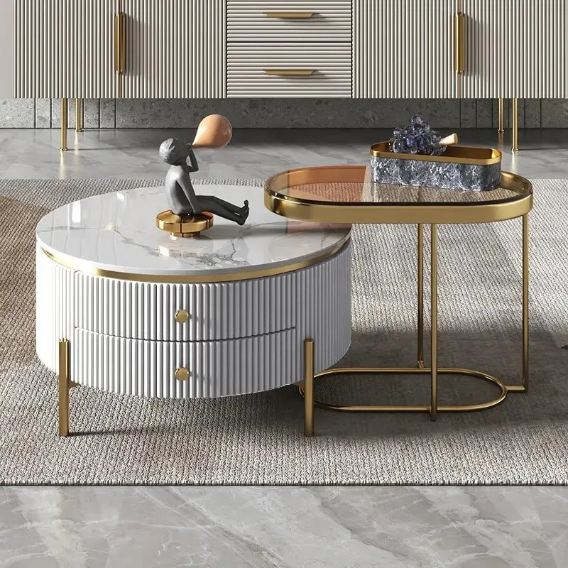 1000129041.jpg Rolex Coffee Table Stainless Steel Golden PVD Leg + Glass Top-White Marble - Image 1
