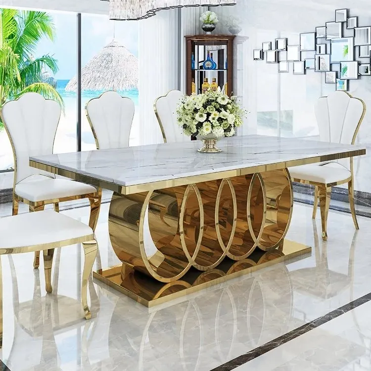 Luxury White Marble 6 seater Stainless Steel Dining Table - Contemporary Design, Modern Look, Easy to Assemble - Image 2
