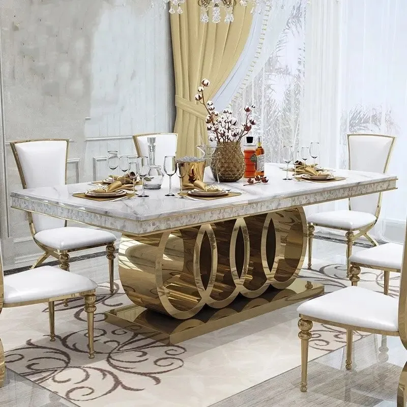 Luxury White Marble 6 seater Stainless Steel Dining Table - Contemporary Design, Modern Look, Easy to Assemble - Image 3
