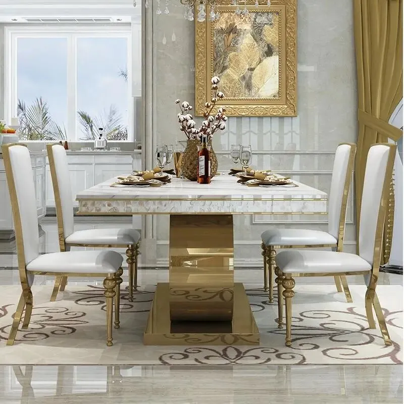 Luxury White Marble 6 seater Stainless Steel Dining Table - Contemporary Design, Modern Look, Easy to Assemble - Image 5