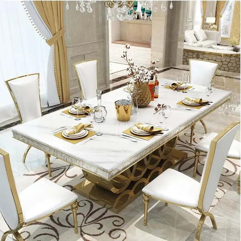 Luxury White Marble 6 seater Stainless Steel Dining Table - Contemporary Design, Modern Look, Easy to Assemble - Image 4