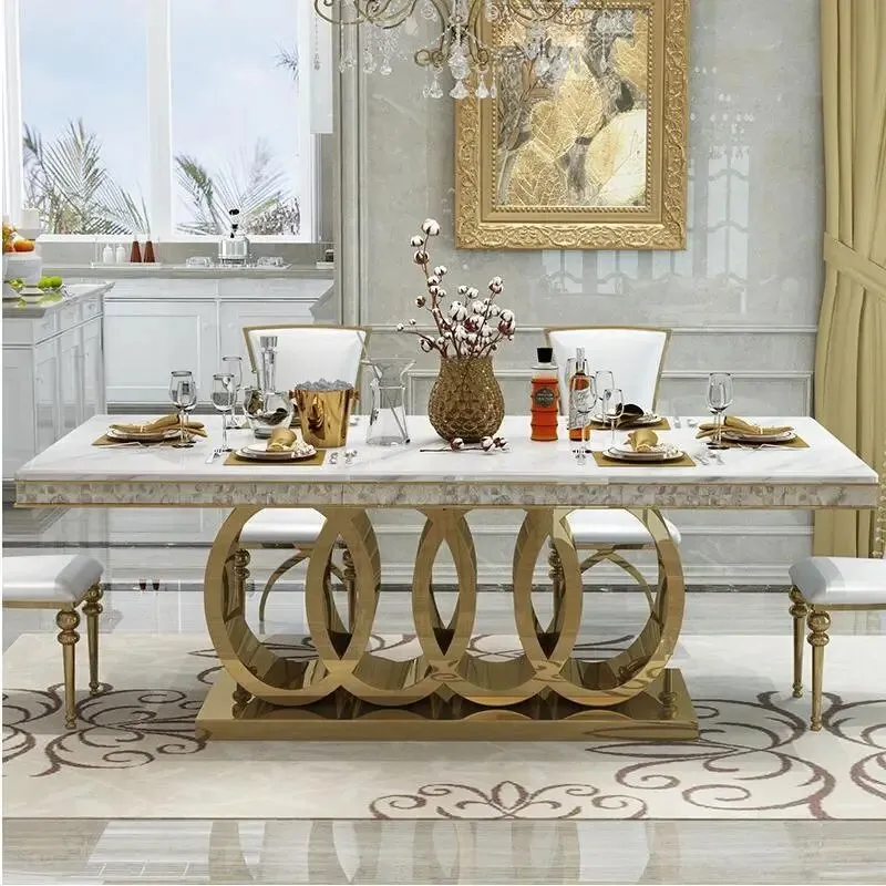 Luxury White Marble 6 seater Stainless Steel Dining Table - Contemporary Design, Modern Look, Easy to Assemble - Image 1