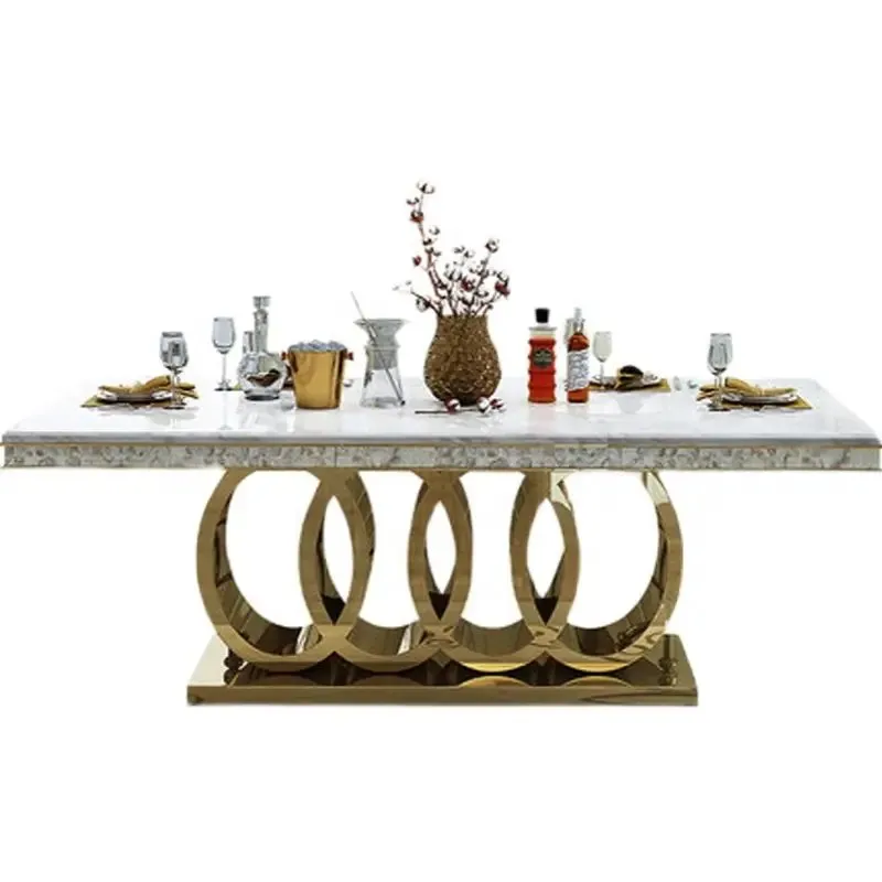 Luxury White Marble 6 seater Stainless Steel Dining Table - Contemporary Design, Modern Look, Easy to Assemble - Image 6