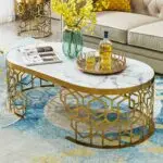 Living Room Furniture Modern Design Luxury Coffee Table Hollow Golden Stainless Steel Base + White Faux Marble Top - Image 2