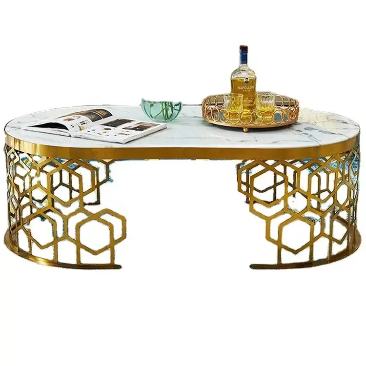 Living Room Furniture Modern Design Luxury Coffee Table Hollow Golden Stainless Steel Base + White Faux Marble Top - Image 7