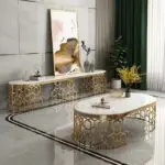Living Room Furniture Modern Design Luxury Coffee Table Hollow Golden Stainless Steel Base + White Faux Marble Top