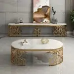 Living Room Furniture Modern Design Luxury Coffee Table Hollow Golden Stainless Steel Base + White Faux Marble Top - Image 8