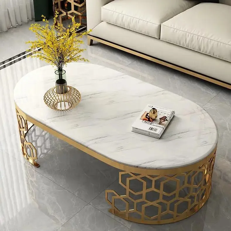 Living Room Furniture Modern Design Luxury Coffee Table Hollow Golden Stainless Steel Base + White Faux Marble Top - Image 3
